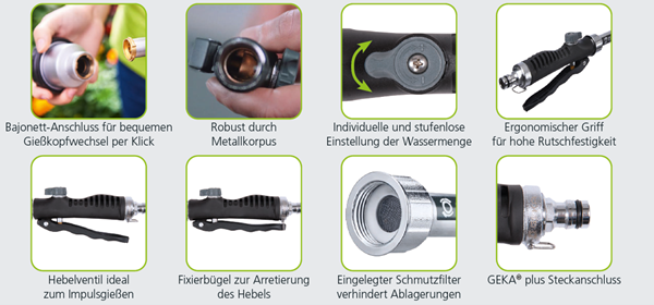 GEKA Gießgerät Easy Rain 35° -- Typ:  60cm Rohrlänge mit Steckanschluss, Hebelventil, Gießkopf