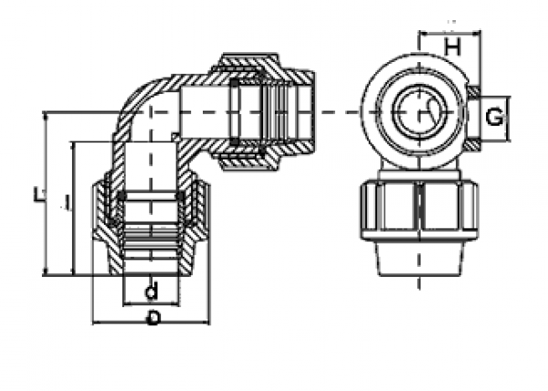 PP 32 x 32 x ¾" Winkel 90° mit seitlichem Innengewindeabgang